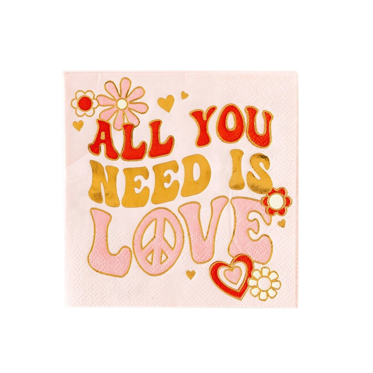 All you need is love paper cocktail napkins. Perfect for Valentines Day or a 1970s themed party.