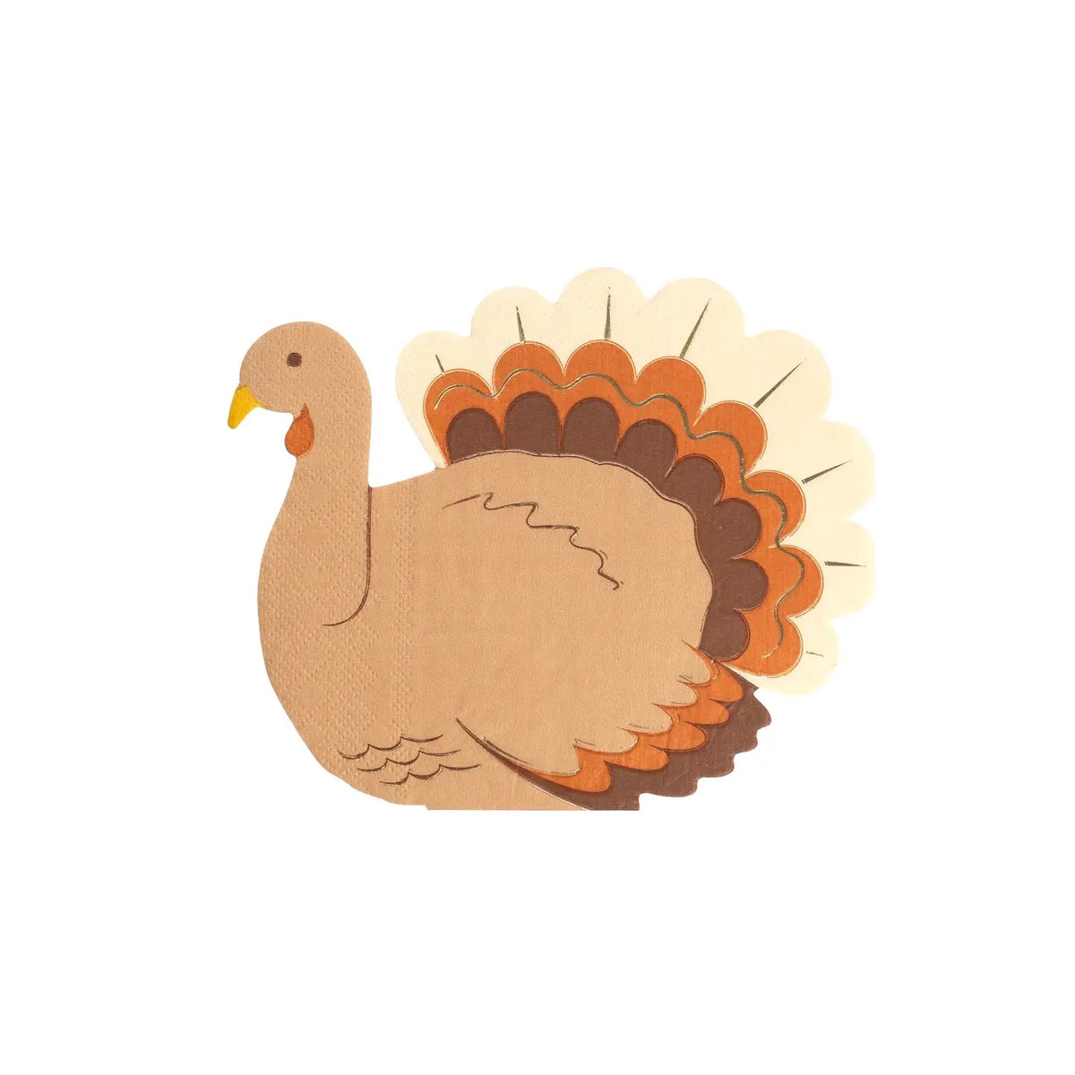 A full view of the turkey napkins, shaped like a detailed turkey with brown and orange feathers. These Thanksgiving paper napkins add a fun and festive touch to your holiday meal.