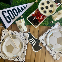 Kick off the fun with our soccer paper cups! These 12 oz cups, featuring a stylish white and silver soccer ball design, are the ultimate companions for your soccer birthday party.