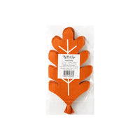 Packaged set of orange oak leaf-shaped Thanksgiving Paper Napkins, designed with gold foil accents, part of stylish Thanksgiving Party Supplies.