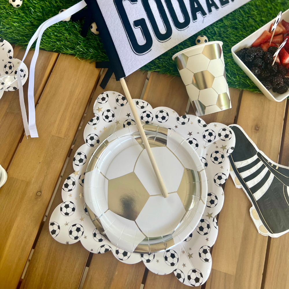 Get ready to celebrate with these soccer plates at your soccer birthday party! Each set of 8 square paper plates, measuring 10 x 10 inches, features a lively soccer ball design and chic scalloped edges.