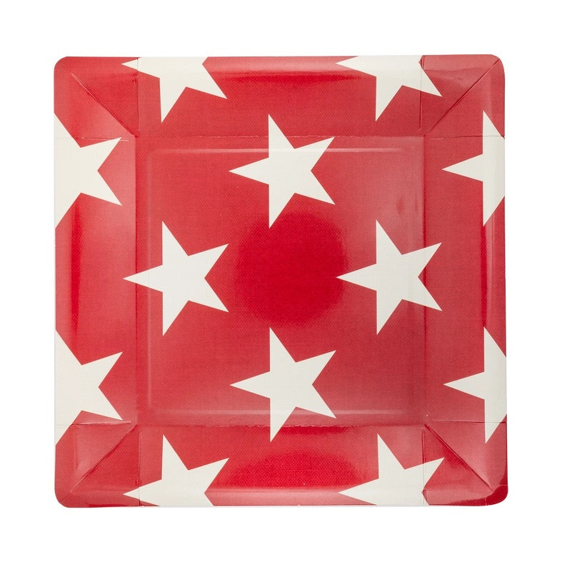 Square red plates with white stars - perfect for a 4th of July party or Memorial Day BBQ.