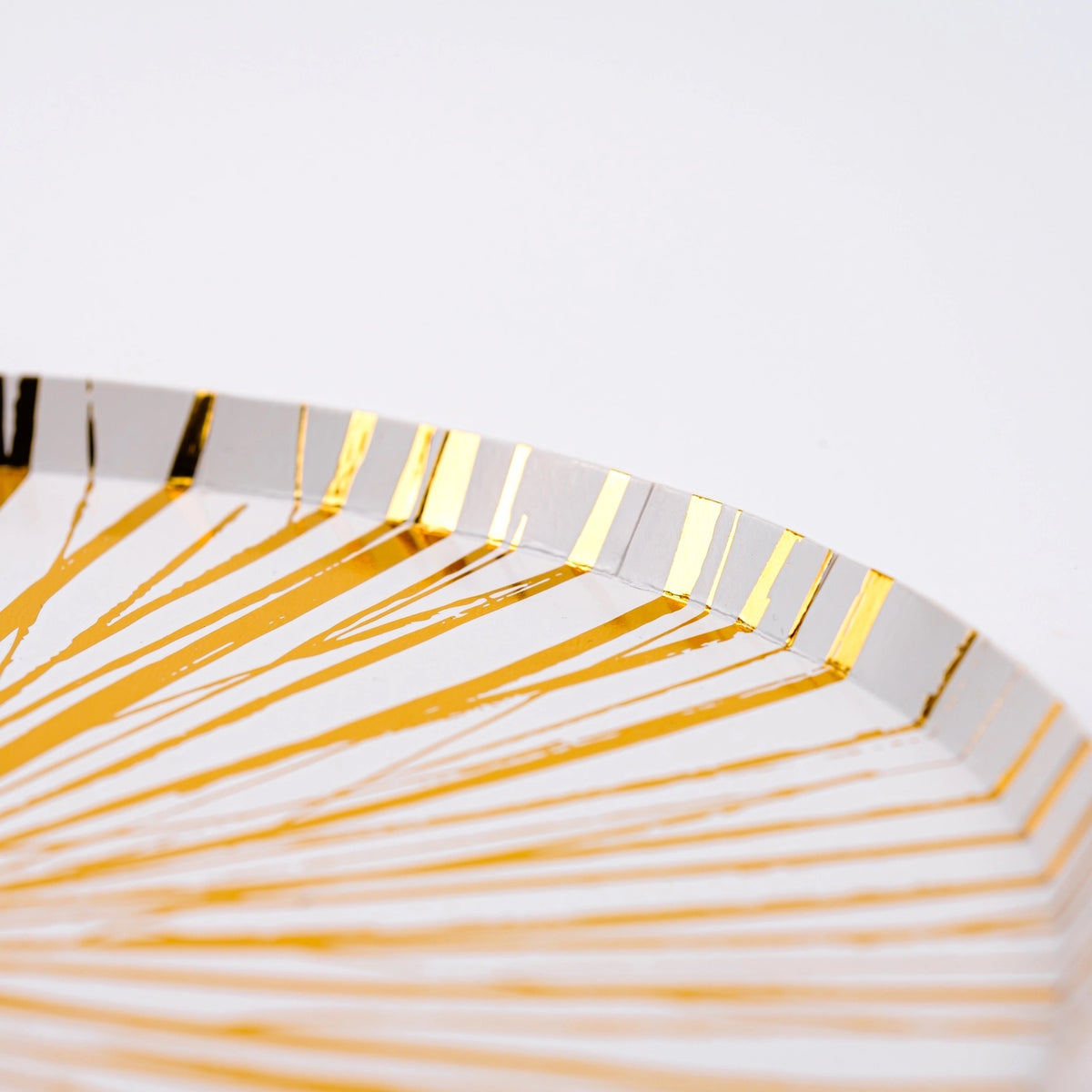 Close-up of a white dinner paper plate with a gold foil design, showcasing its stylish edge. Ideal for Thanksgiving dinner, these gold paper plates are eco-friendly, recyclable, and perfect for festive gatherings.