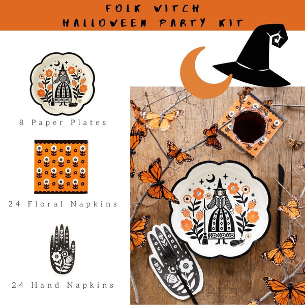 Folk Witch Halloween Party Kit featuring witch plates, floral napkins, and hand-shaped napkins. A perfect party in a box for your Halloween celebration.