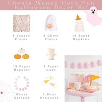 A Ghouls Wanna Have Fun Halloween party kit display, featuring pink Halloween decor with ghosts, pumpkins, and festive party supplies. Perfect for creating a stylish and coordinated Halloween party decor with a pop of pink.