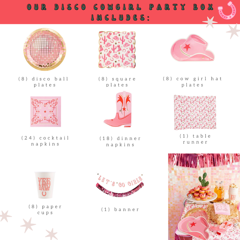 Disco Cowgirl Party Decor Kit - Everything you need to celebrate a pink cowgirl themed party. Perfect for a neon cowgirl themed birthday or a last ride bachelorette.
