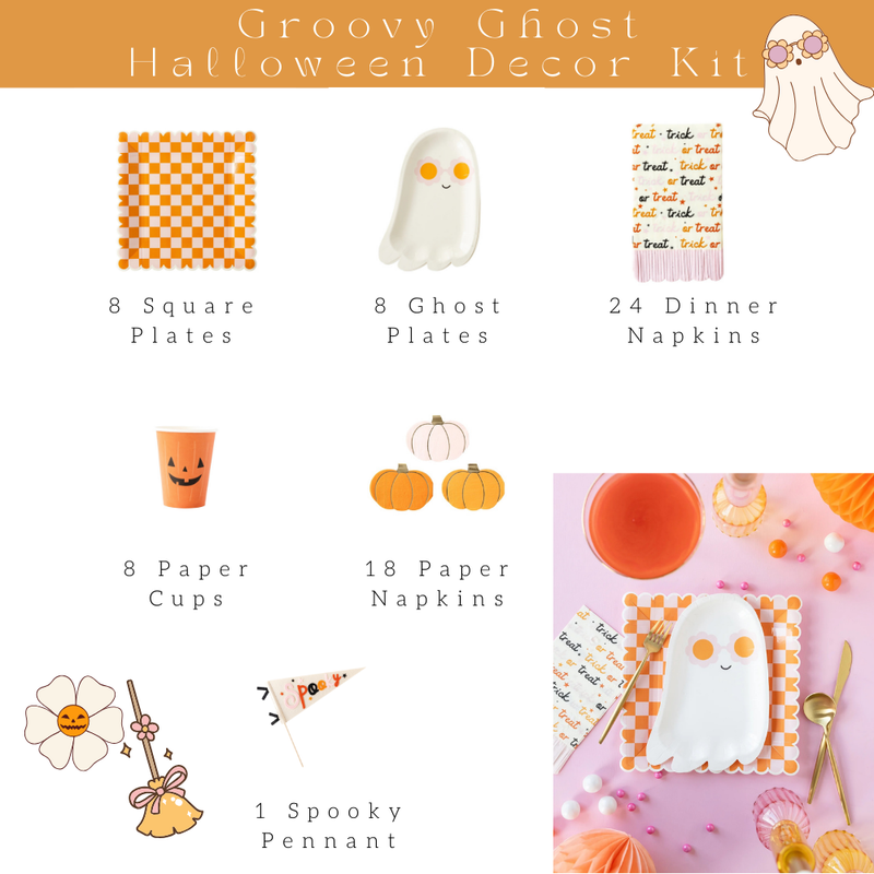 Lets go ghouls with this Halloween party kit! Includes 8 square checkered plates, 8 groovy ghost plates, 24 trick-or-treat napkins, 8 jack-o-lantern cups, 18 pumpkin-shaped napkins, and 1 spooky felt pennant.