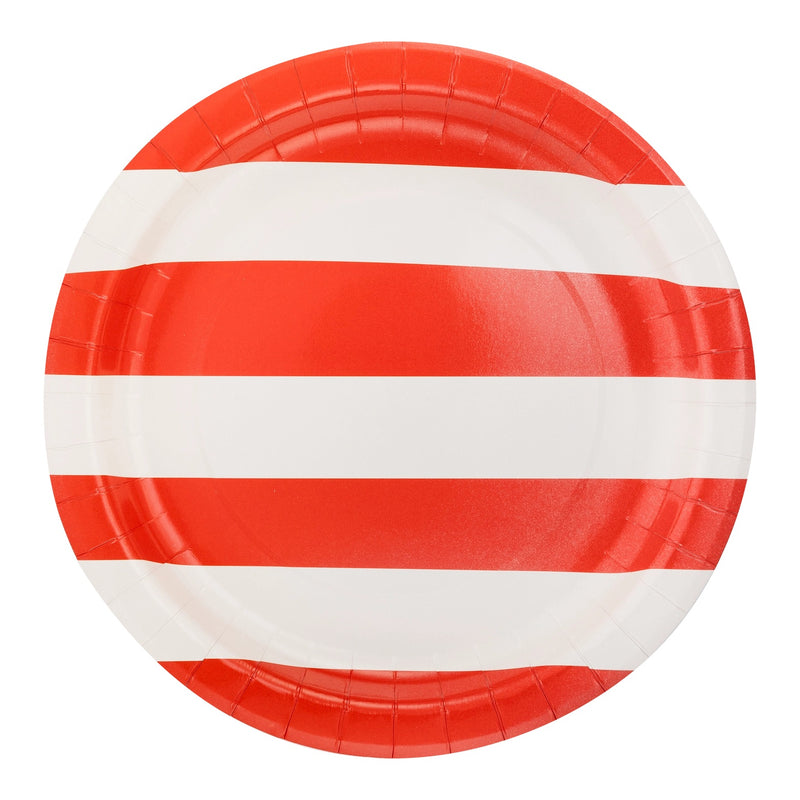 These red striped paper plates are a perfect match for your patriotic party! With a bold design, these plates pair nicely with our star plates for an all-American celebration.