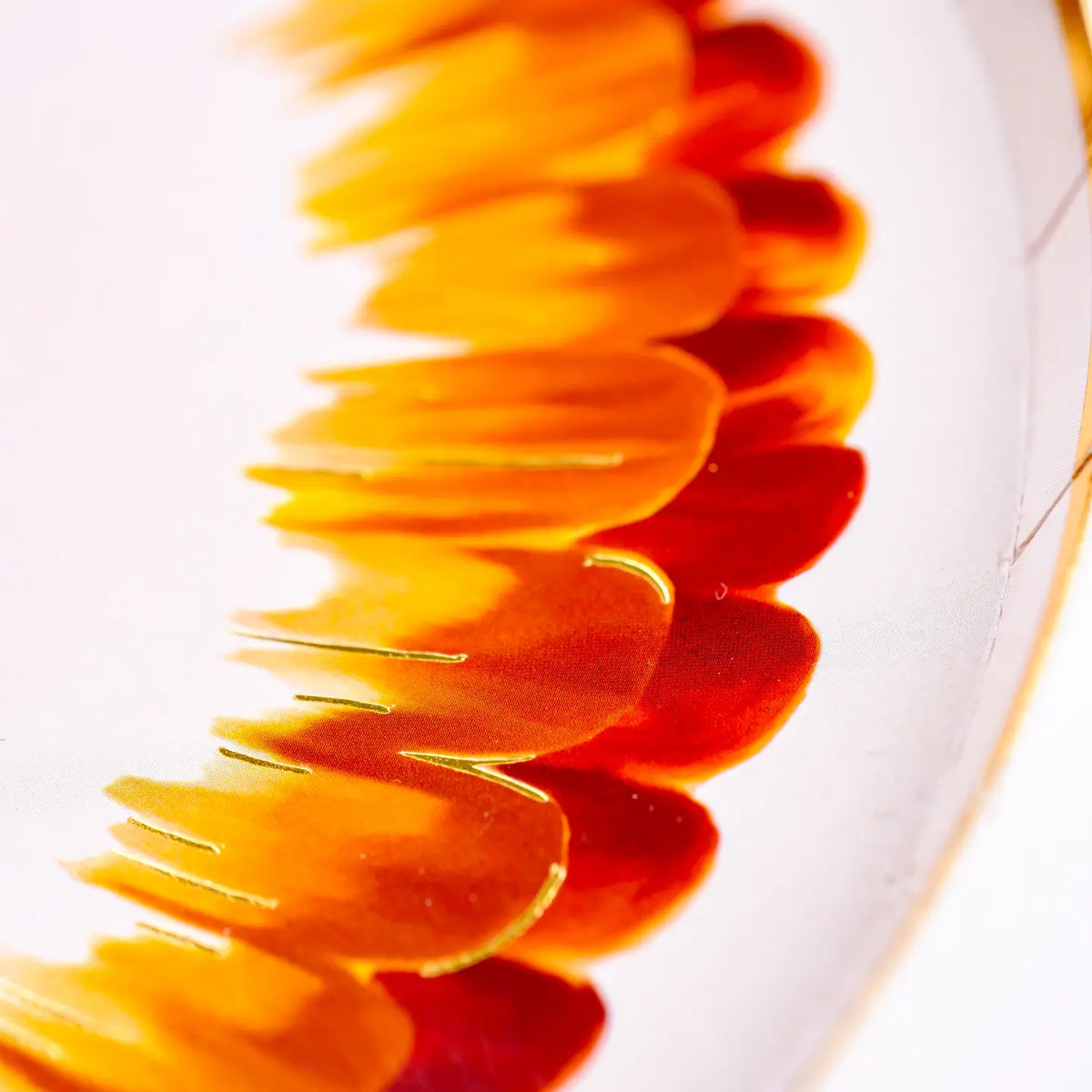 Closeup of the feather details on a white paper dessert plate with brown and gold feather design.