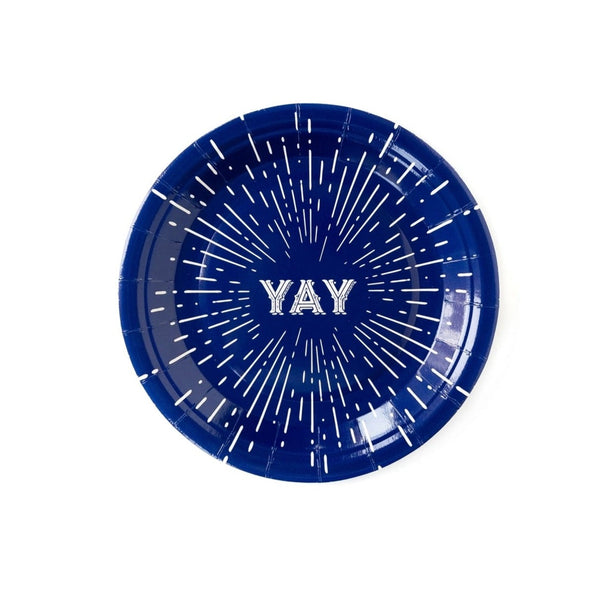Blue paper dessert plates with a firework design and the word yay in the center - perfect for a 4th of july party or 1st birthday party.