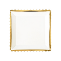 Elegant square white plate with golden scalloped edges, a key item in Thanksgiving Party Supplies collections.