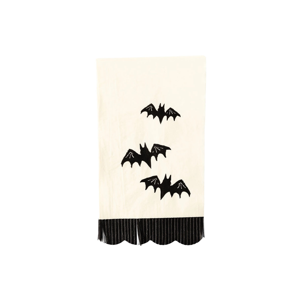 Set of 24 white Halloween napkins featuring black bats and fringe scalloped edges.