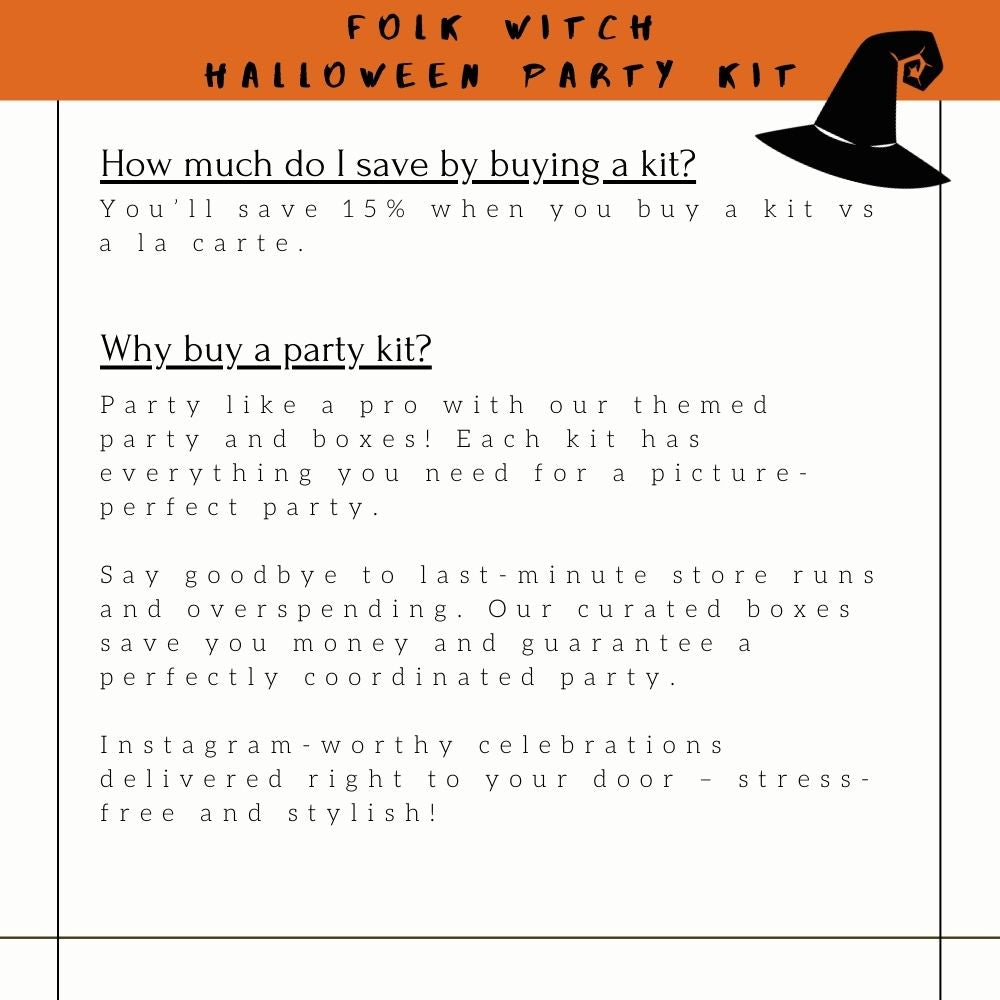 Details about the Folk Witch Halloween Party Kit explaining the benefits of buying a party in a box, perfect for an Instagram-worthy Halloween party.