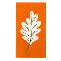 Single orange napkin with a gold foil oak leaf design, part of a fall napkins set for Thanksgiving tableware and party decorations.