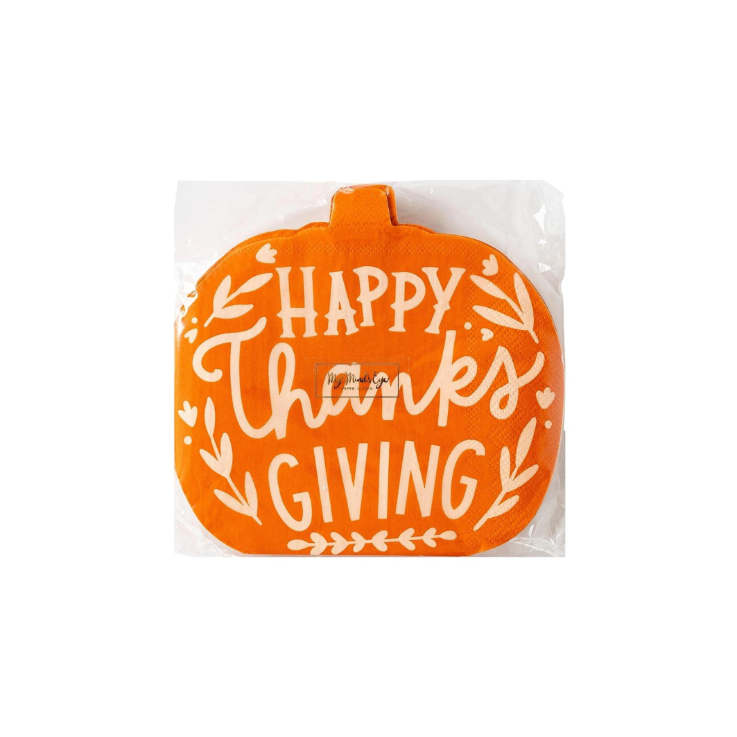 Front view of the packaged Happy Thanksgiving Pumpkin Napkins featuring a bright orange pumpkin shape with "Happy Thanksgiving" printed in white.