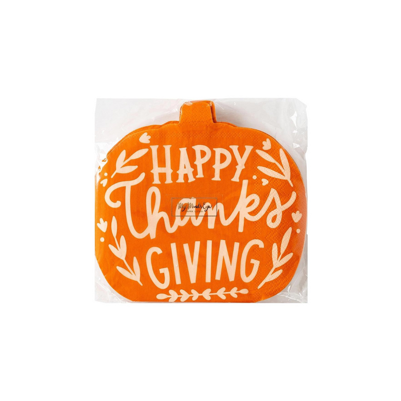 Front view of the packaged Happy Thanksgiving Pumpkin Napkins featuring a bright orange pumpkin shape with "Happy Thanksgiving" printed in white.