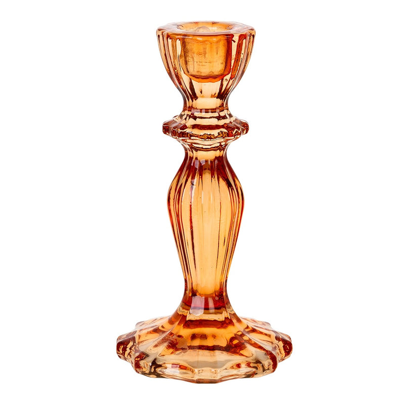 Orange glass candle stick holders - perfect for a spring or summer table.