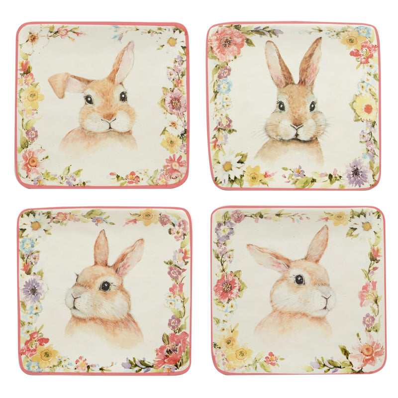 Set of 4 Easter Plates with an Easter Bunny design surrounded by pink flowers