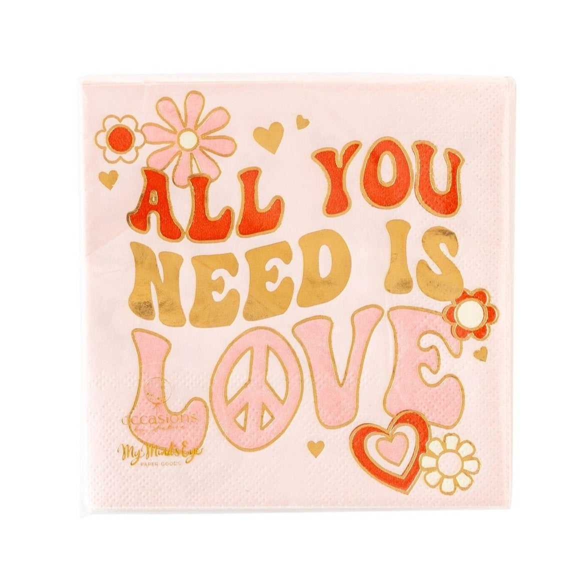 All you need is love paper cocktail napkins. Perfect for Valentines Day or a 1970s themed party.