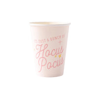 Pink paper cup with Its Just a Bunch of Hocus Pocus written in pink and gold foil stars, perfect for Halloween parties.