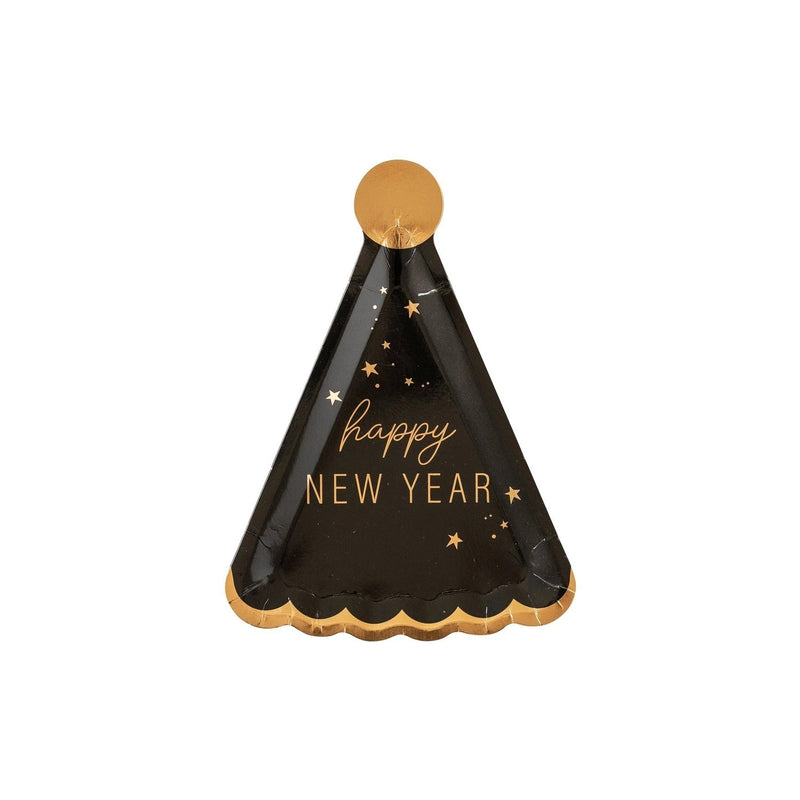 Black and gold party hat shaped paper plates perfect for New Years. 