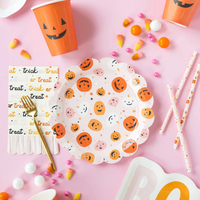 Lets go ghouls with this Halloween party kit! Includes 8 square checkered plates, 8 groovy ghost plates, 24 trick-or-treat napkins, 8 jack-o-lantern cups, 18 pumpkin-shaped napkins, and 1 spooky felt pennant.