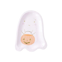 A ghost-shaped paper plate with a pumpkin bucket design, showcasing pink Halloween decor from a Halloween party kit.