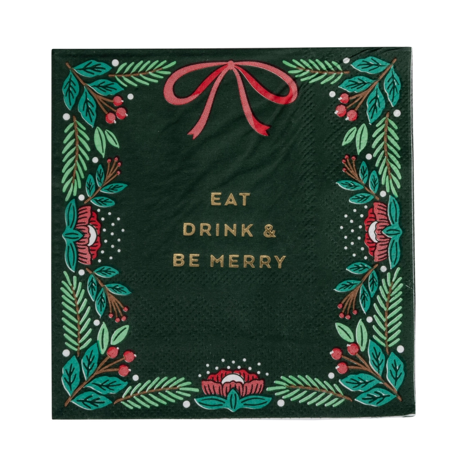 eat drink and be merry christmas cocktail napkins with a wreath border