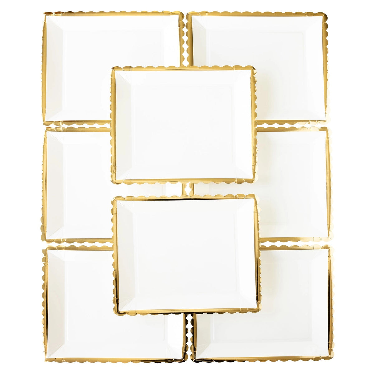  set of white and gold scalloped-edge paper plates arranged in a stylish layout. These 12" square plates are ideal for adding a luxe touch to your Thanksgiving table.