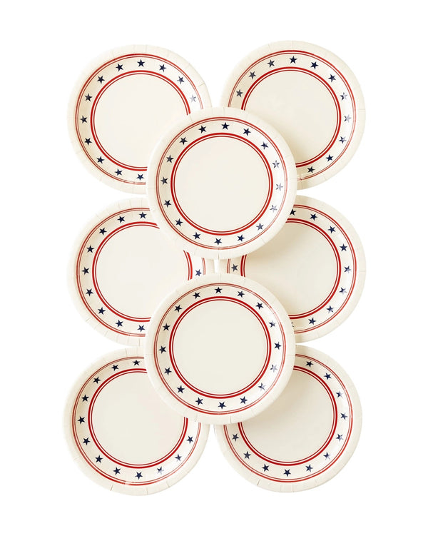 White paper plates with a red stripe design with blue stars. These are prefect for a 4th of July party or circus birthday.