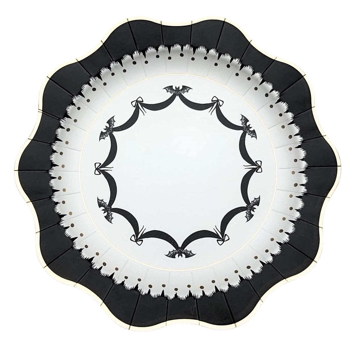 A close-up view of an elegant Halloween paper plate, featuring a black-and-white bat design with gold accents. This Halloween plate brings a refined, spooky charm to any Halloween party table.