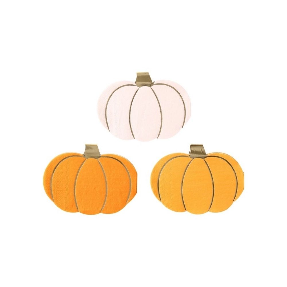 Trio of pumpkin-shaped napkins in shades of orange and pink, a playful touch to any Halloween party decor.