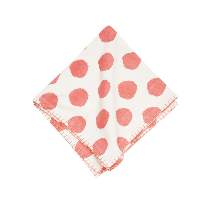 White cloth napkins with pink polka dots and stitching detail design. Lovely for a Mother's Day, Easter or Spring Tablescape.