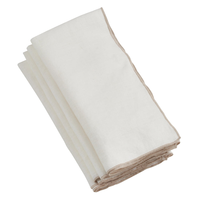 White linen napkins with tan stitched border - set of 4