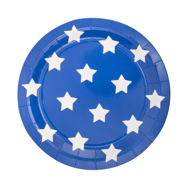 Blue paper plate with white stars - perfect for a 4th of July bbq or a Memorial Day Party.