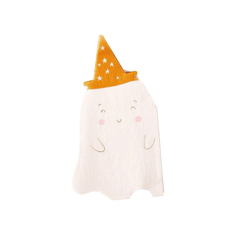 Ghost-shaped paper napkin wearing a starry orange party hat, adding charm to pink Halloween decor and Halloween party kits.