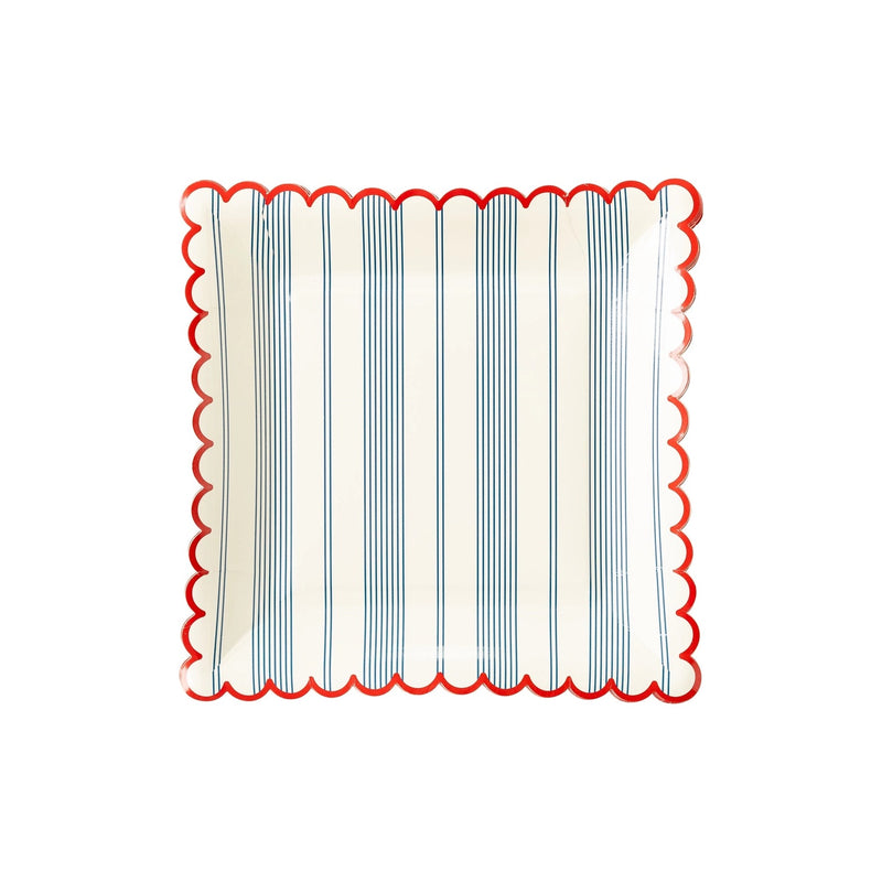 Blue striped square plates with red scalloped edge - perfect for a birthday party, 4th of july party, or picnic.