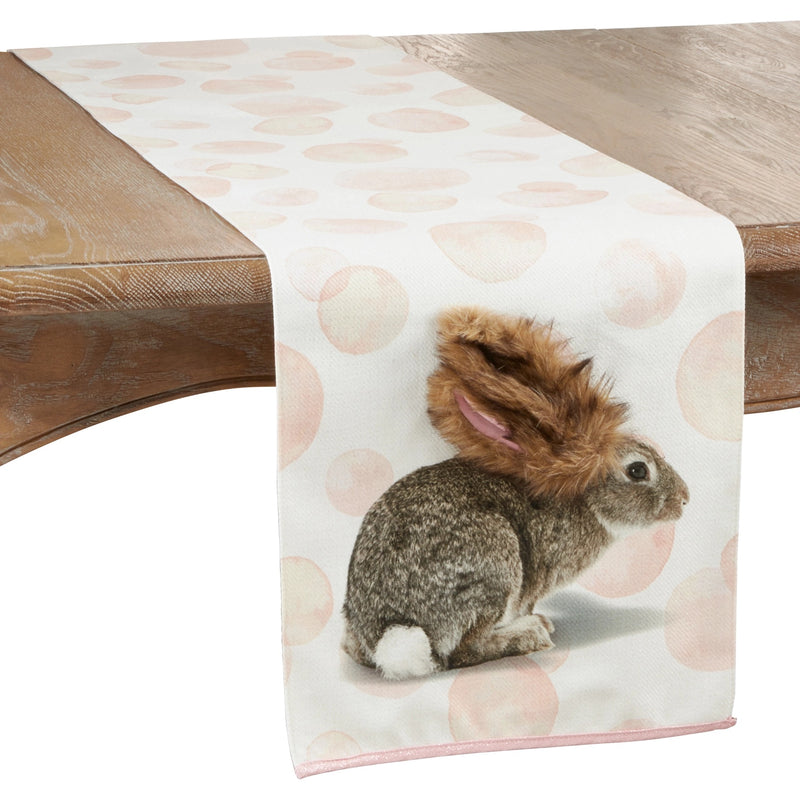 Easter table runner featuring pink polka dots and Easter Bunny design.