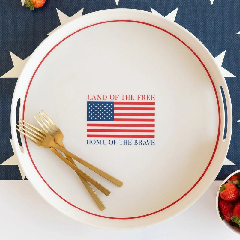 Patriotic serving tray with an american flag in the sign land of the free home of the brave