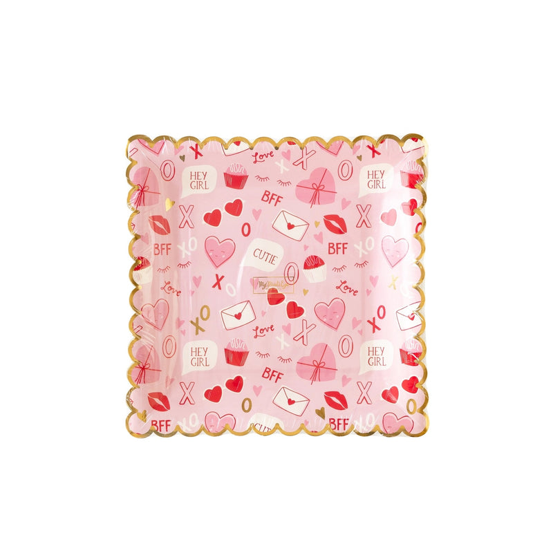 Square valentines day plates perfect for a galentines theme party