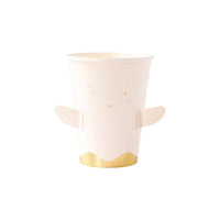 Pink ghost-themed paper cup with adorable adhesive arms, a fun element of Halloween party decor.