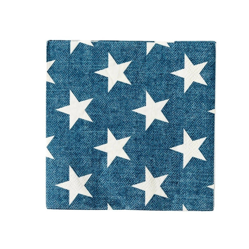 Blue paper cocktail napkins with white stars - perfect for a 4th of July party or Memorial Day Party.