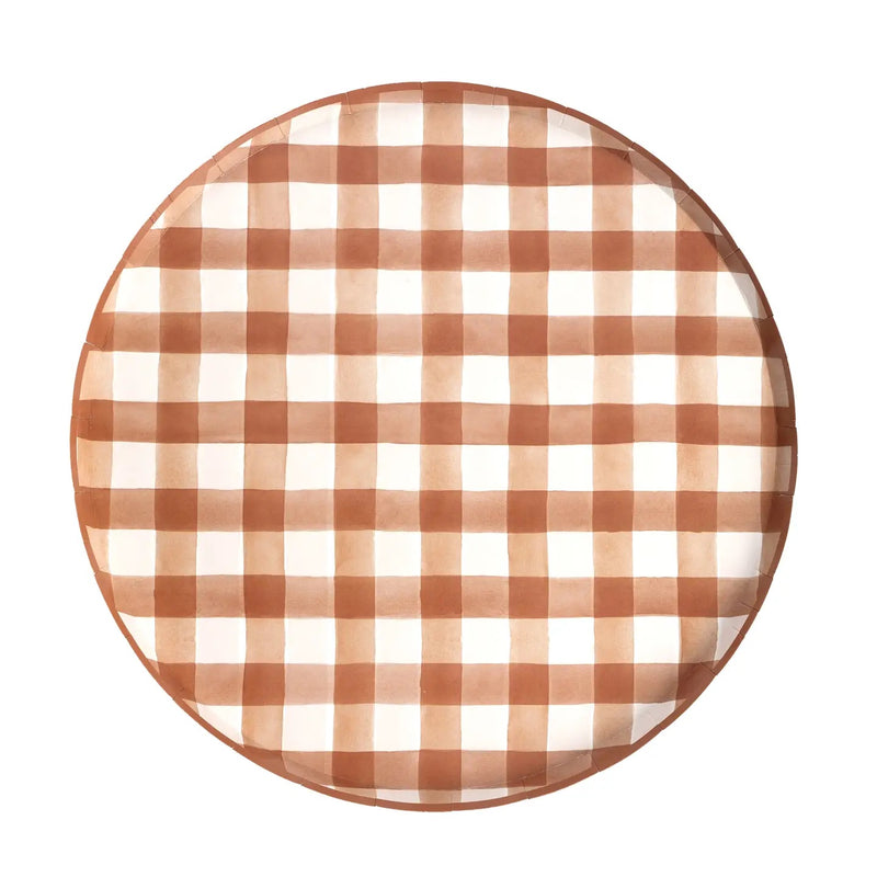 Brown and white watercolor gingham paper plate.