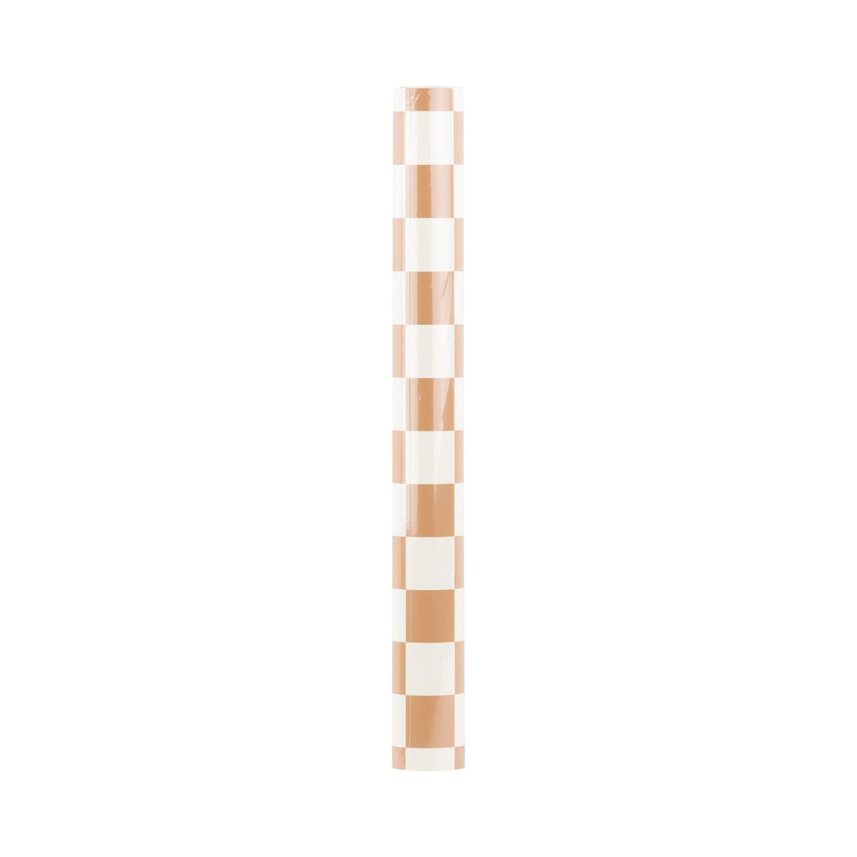 A tan and white Checkered paper table runner rolled up in its package