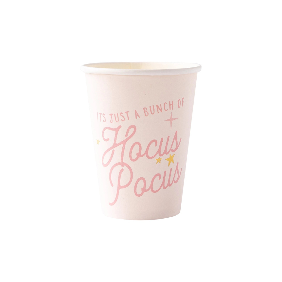 Pink paper cup with Its Just a Bunch of Hocus Pocus text perfect for Hocus Pocus decor and pink Halloween decor.