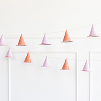 Halloween garland with pink and gold witch hats, ideal for Hocus Pocus decor and pink Halloween decor.