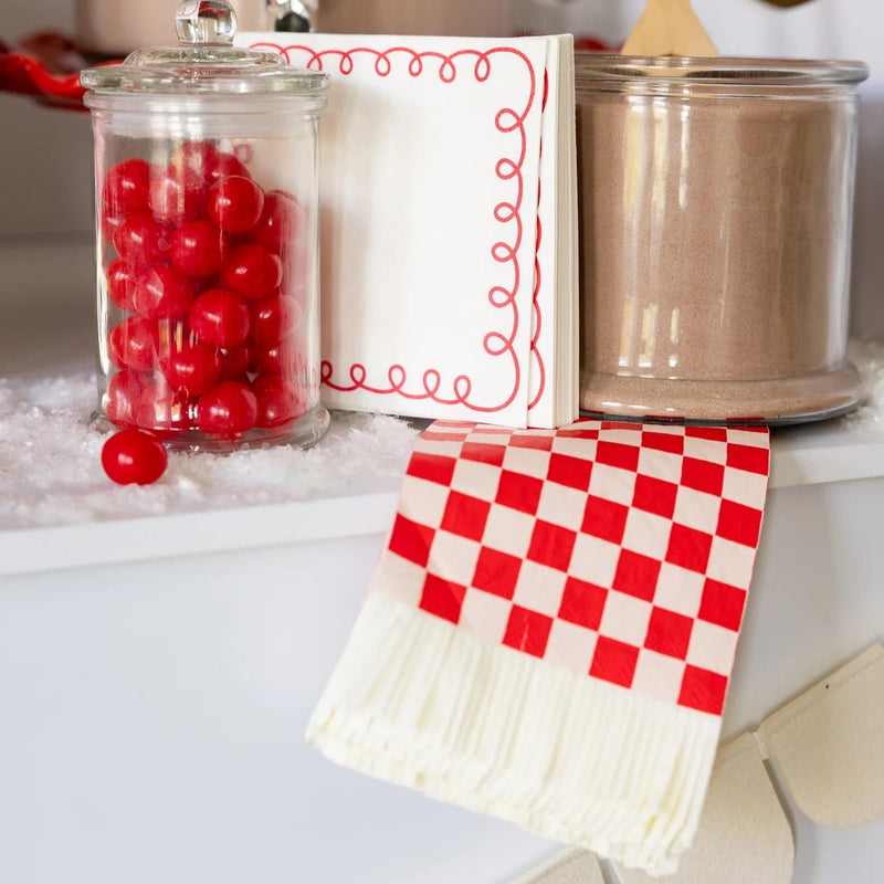 Red checked paper napkins with fringe detail - perfect to use as Christmas napkins 