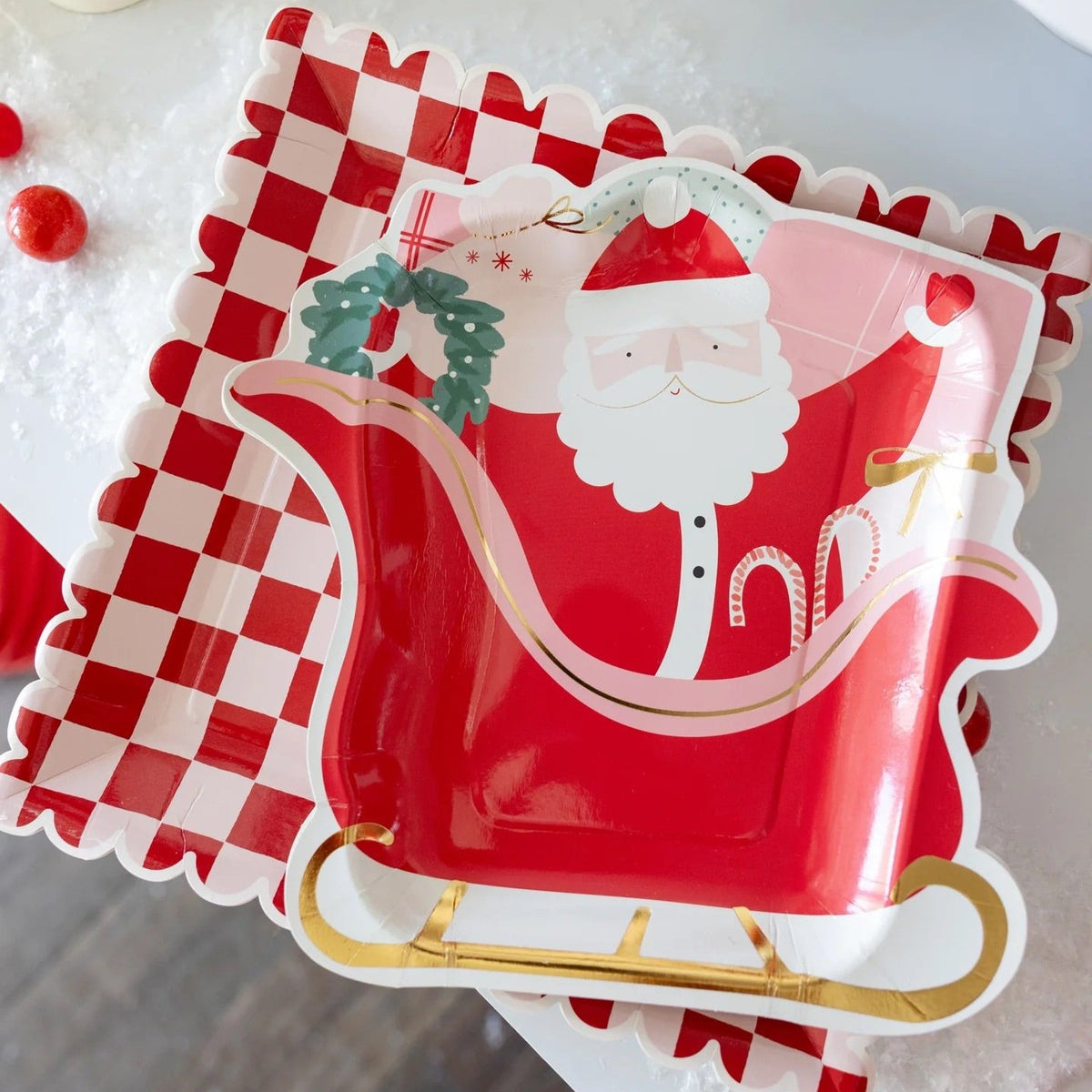 Santa's Sleigh Shaped Paper Plates with Coordinating  Checkered Plate