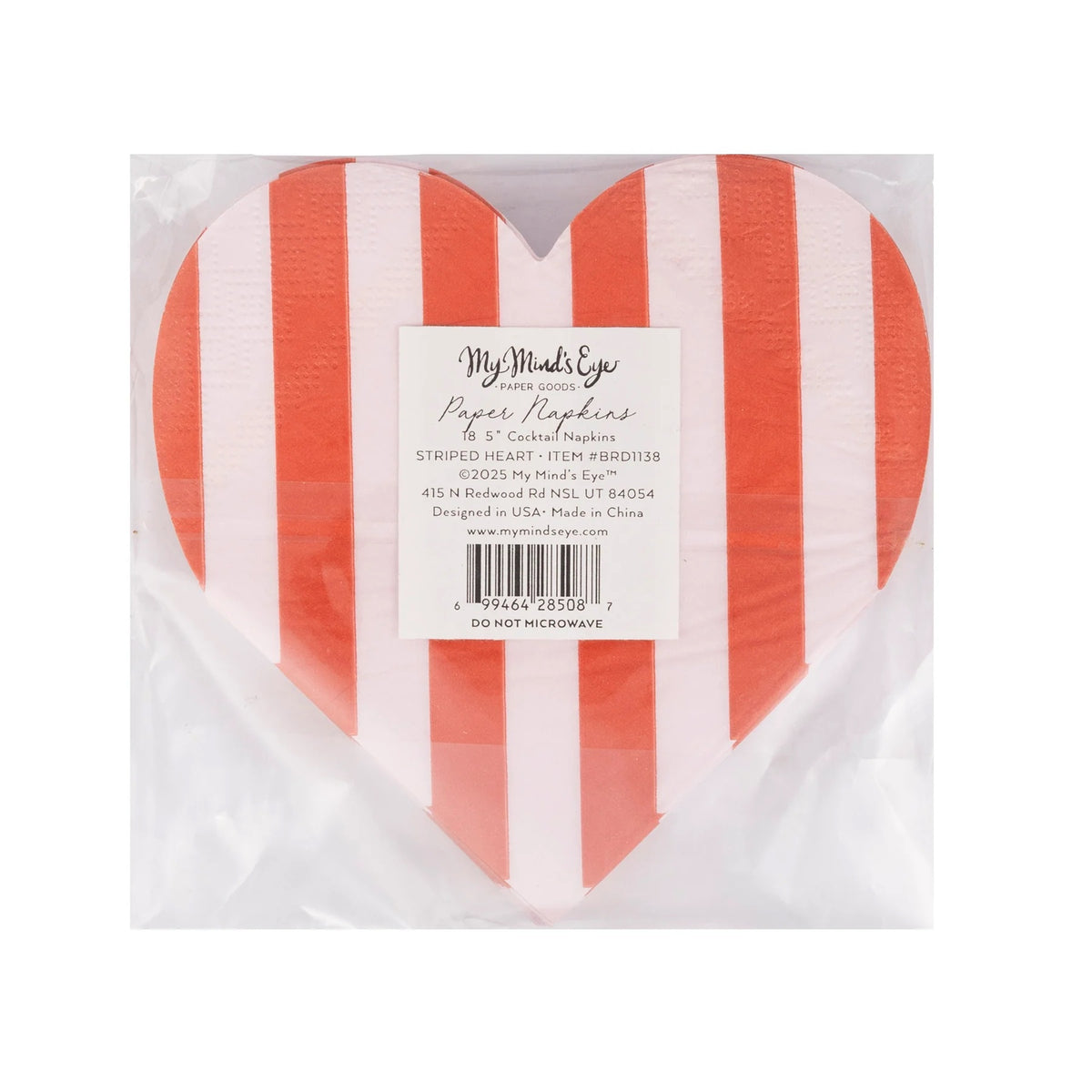 heart shaped napkin with red and pink stripes - perfect for a valentines day party in packaging with product details