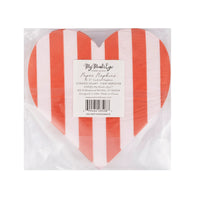 heart shaped napkin with red and pink stripes - perfect for a valentines day party in packaging with product details